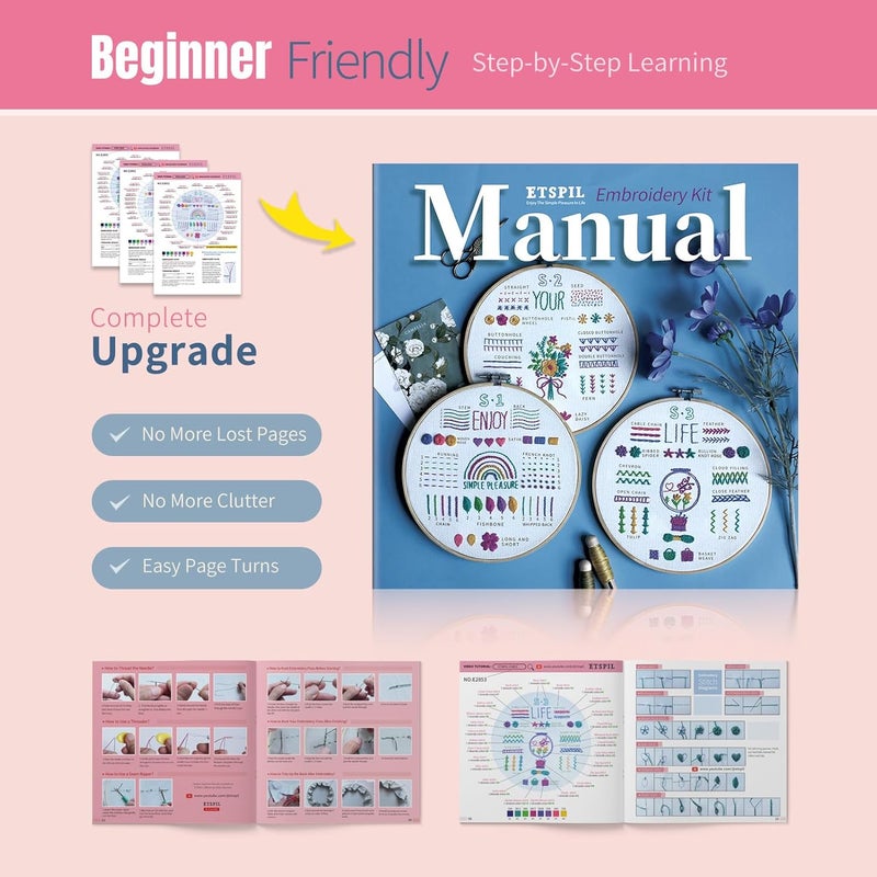 ETSPIL 3 Pack Embroidery Kit for Beginners and Adults,Learn 33 Stitches with DIY Stamped Flower Patterns – Includes Hoop, Color Threads, Tools, and Step-by-Step Instructions with Video Tutorials - Image 5